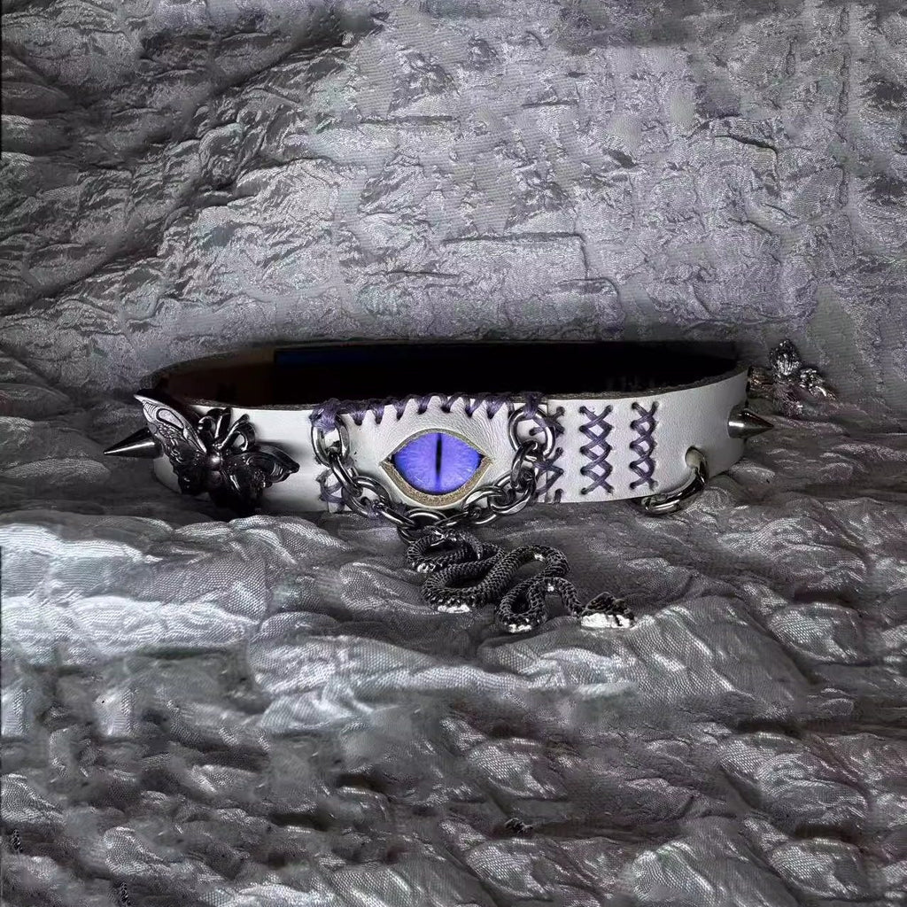 2-in-1 Gothic White Leather Choker & Wrap Bracelet - Purple Dragon Eye Snake & Moth Necklace - Grunge Silver Charms