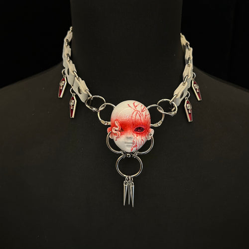 Bio-Horror "Infected" Doll Face Choker with White Snake & Red Veins - White - Crux Jewelry product photo