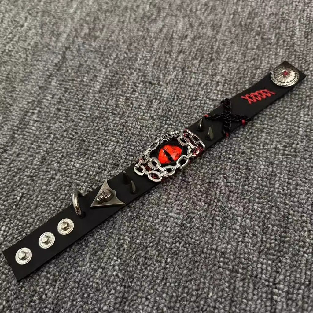 Gothic Black Leather Stitched Bracelet - Red Dragon Eye Cuff with Skull & Cross - Dark Punk Rock Wristband
