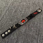 Gothic Black Leather Stitched Bracelet - Red Dragon Eye Cuff with Skull & Cross - Dark Punk Rock Wristband