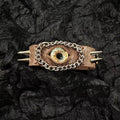 Steampunk Brown Leather Dragon Eye Bracelet - Vintage Grunge Spiked Cuff - Golden Cat Eye Wristband - Wasteland Aesthetic