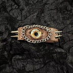 Steampunk Brown Leather Dragon Eye Bracelet - Vintage Grunge Spiked Cuff - Golden Cat Eye Wristband - Wasteland Aesthetic