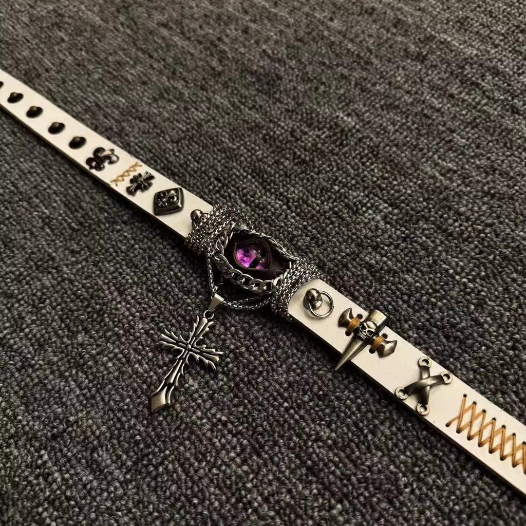 2-in-1 Gothic White Leather Choker & Wrap Bracelet - Purple Dragon Eye Cross Necklace - Convertible Punk Jewelry