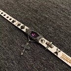 2-in-1 Gothic White Leather Choker & Wrap Bracelet - Purple Dragon Eye Cross Necklace - Convertible Punk Jewelry