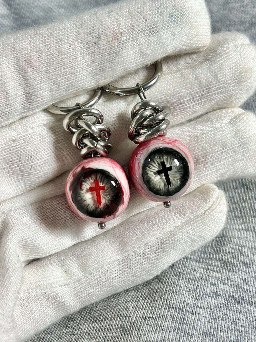 Sacred Torment | Heavy Chain Bloodshot Cross Eyeball Earrings