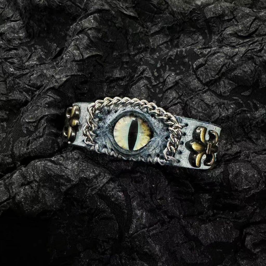 Ancient Grey Leather Dragon Eye Bracelet - Blue Runic Pattern Cuff - Nordic Viking Style Wristband - Vintage Brass Studs
