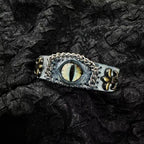Ancient Grey Leather Dragon Eye Bracelet - Blue Runic Pattern Cuff - Nordic Viking Style Wristband - Vintage Brass Studs