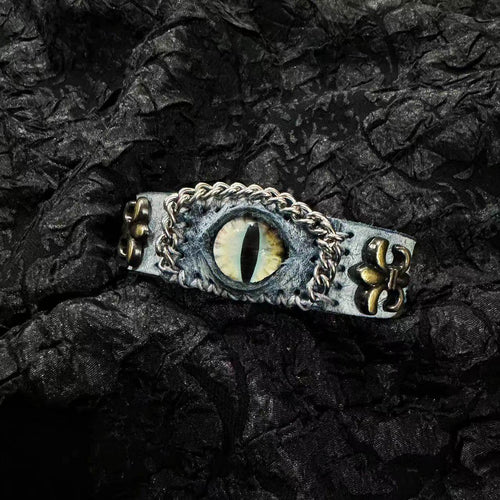Ancient Grey Leather Dragon Eye Bracelet - Blue Runic Pattern Cuff - Nordic Viking... - Crux Jewelry product image 1