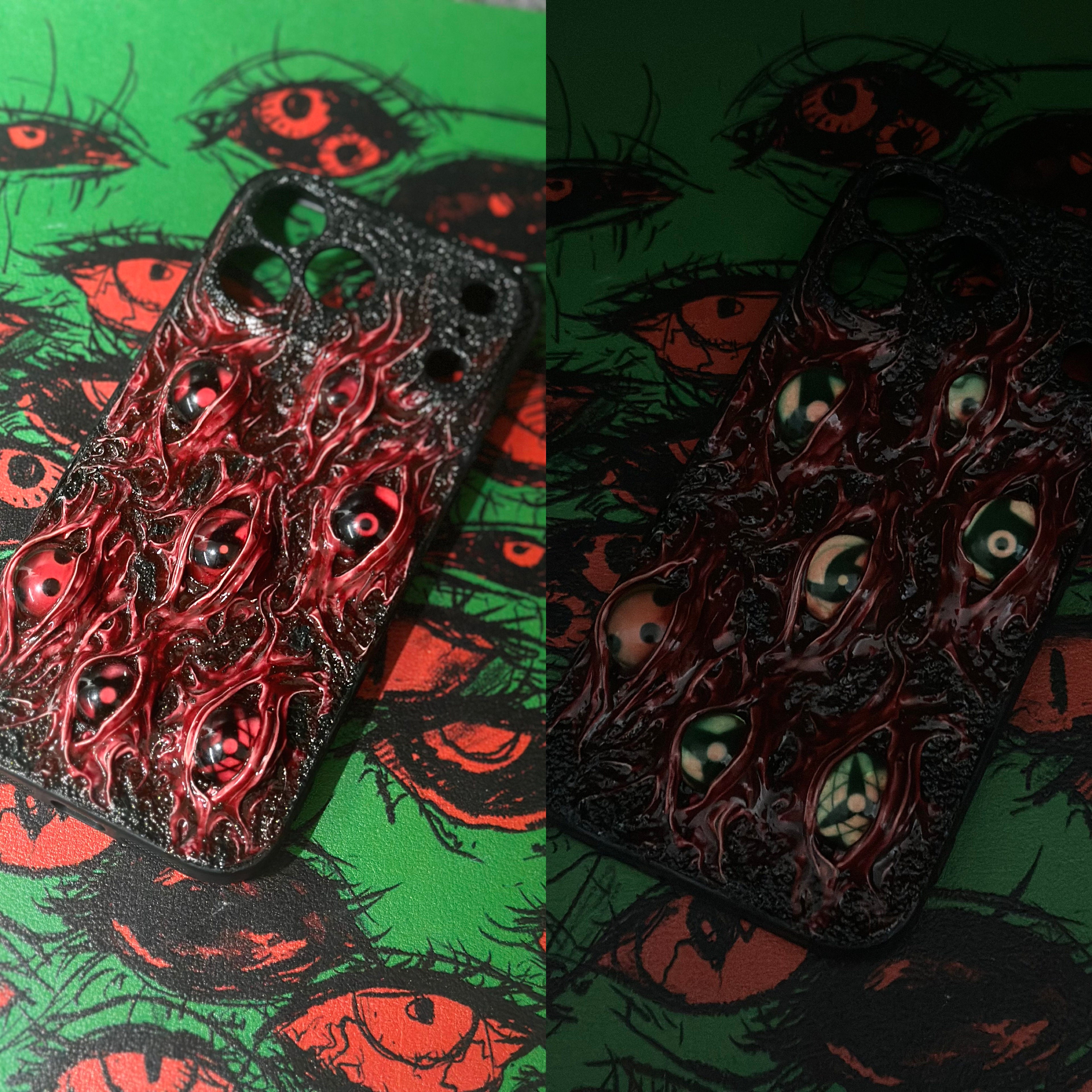 Uchiha Nightmare: Handmade Red Flesh Case with Multiple Sharingan Eyes (3D Texture)