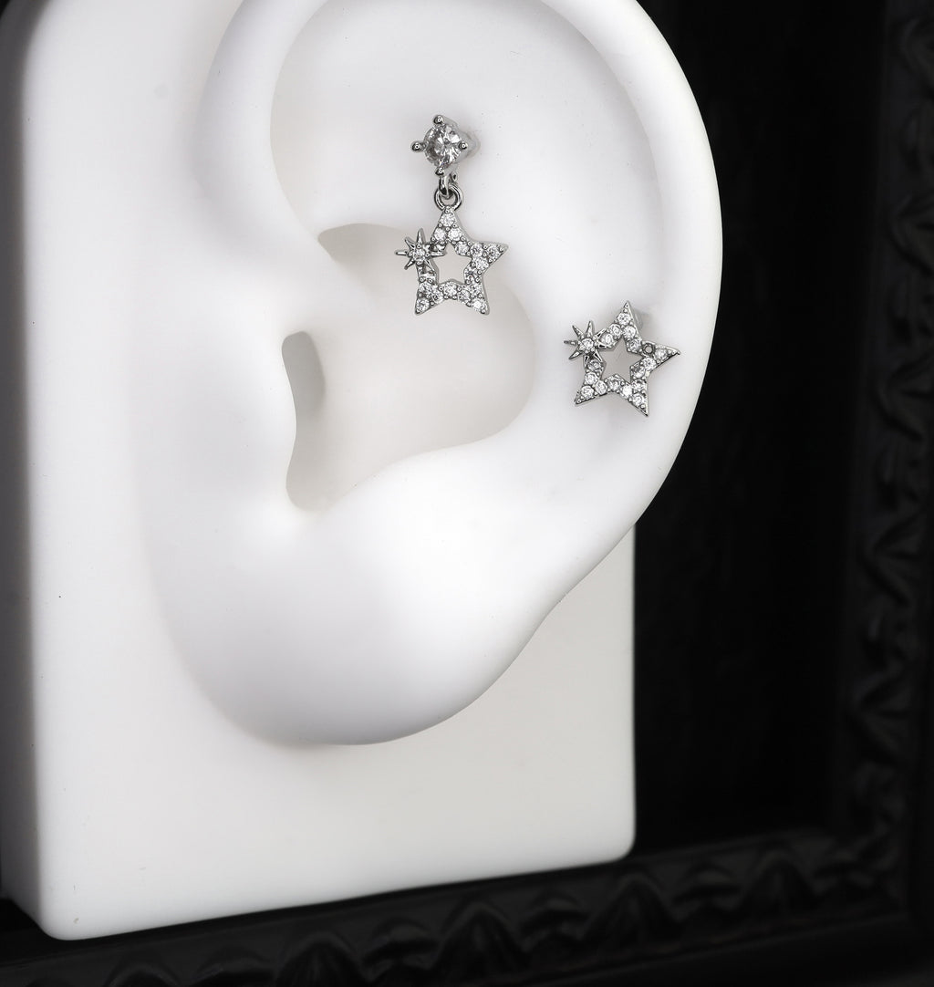 Paved CZ Star Dangle Stud | Edgy Y2K Cute Cartilage Earring