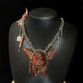 Menhera Bloody Injured Doll Face Necklace with Syringe & Revolver Charms - Red Butterfly Wings