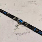 2-in-1 Gothic Black Leather Choker & Wrap Bracelet - Blue Dragon Eye Necklace - Silver Gun & Rose Charm - Punk Rock Jewelry