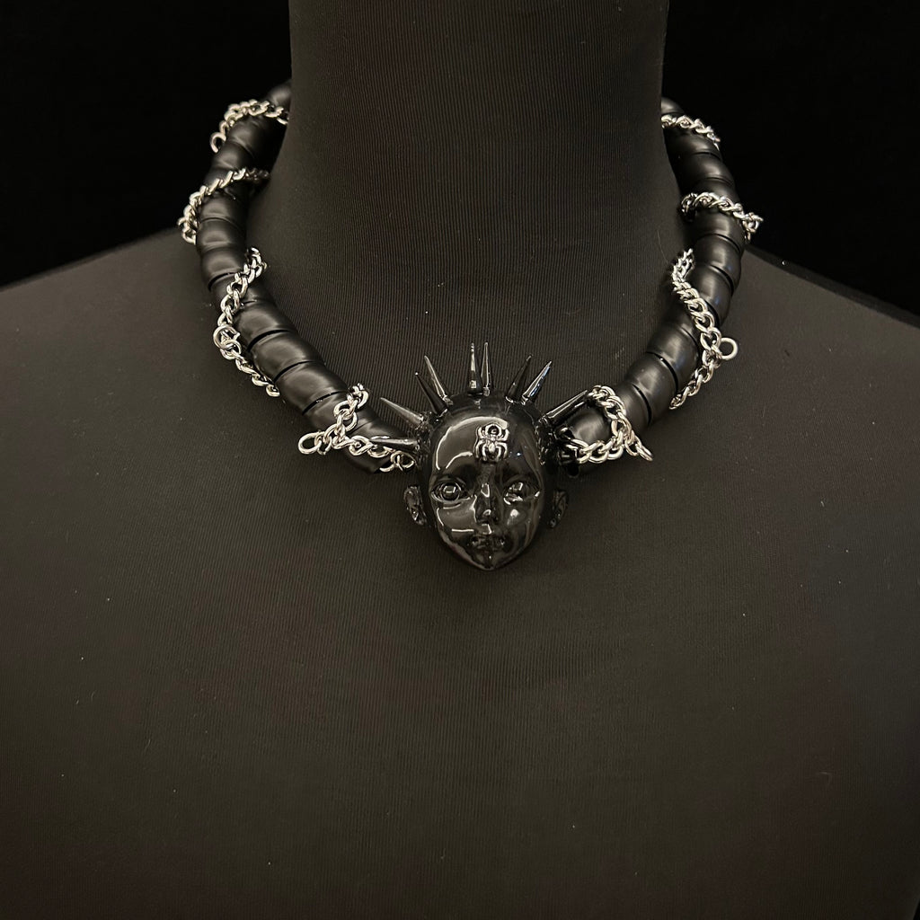 Black Glossy Spiked Doll Face Choker with Spider Emblem - Chunky Twisted Cord & Chain Necklace