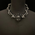 Black Glossy Spiked Doll Face Choker with Spider Emblem - Chunky Twisted Cord & Chain Necklace