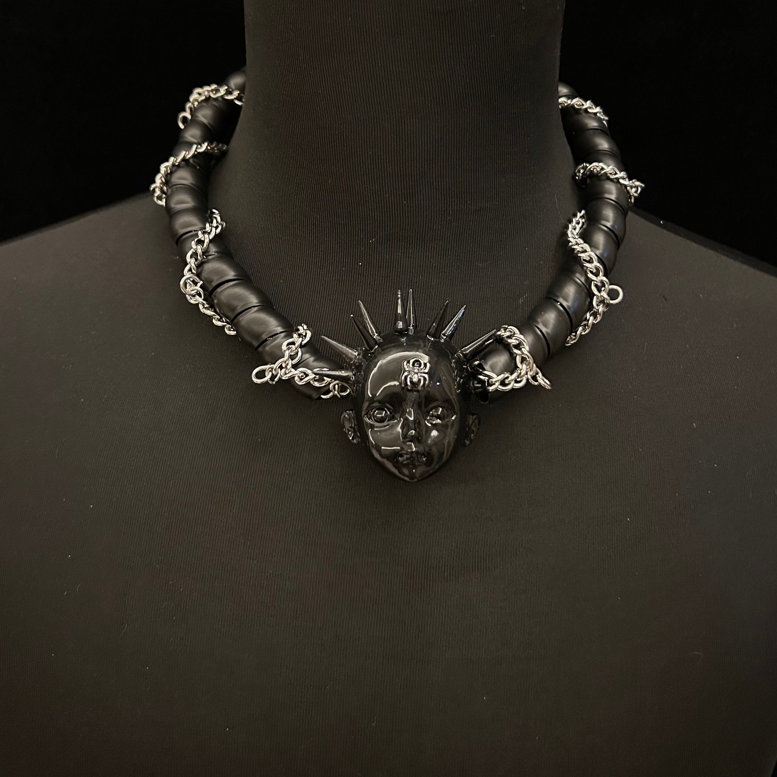 Black Glossy Spiked Doll Face Choker with Spider Emblem - Chunky Twisted Cord & Chain Necklace