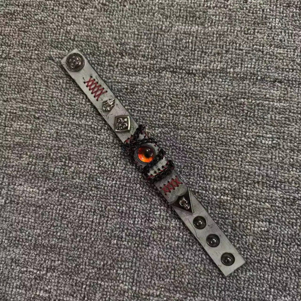 Grunge Concrete Grey Leather Stitched Bracelet - Red Dragon Eye Cuff - Punk Wristband
