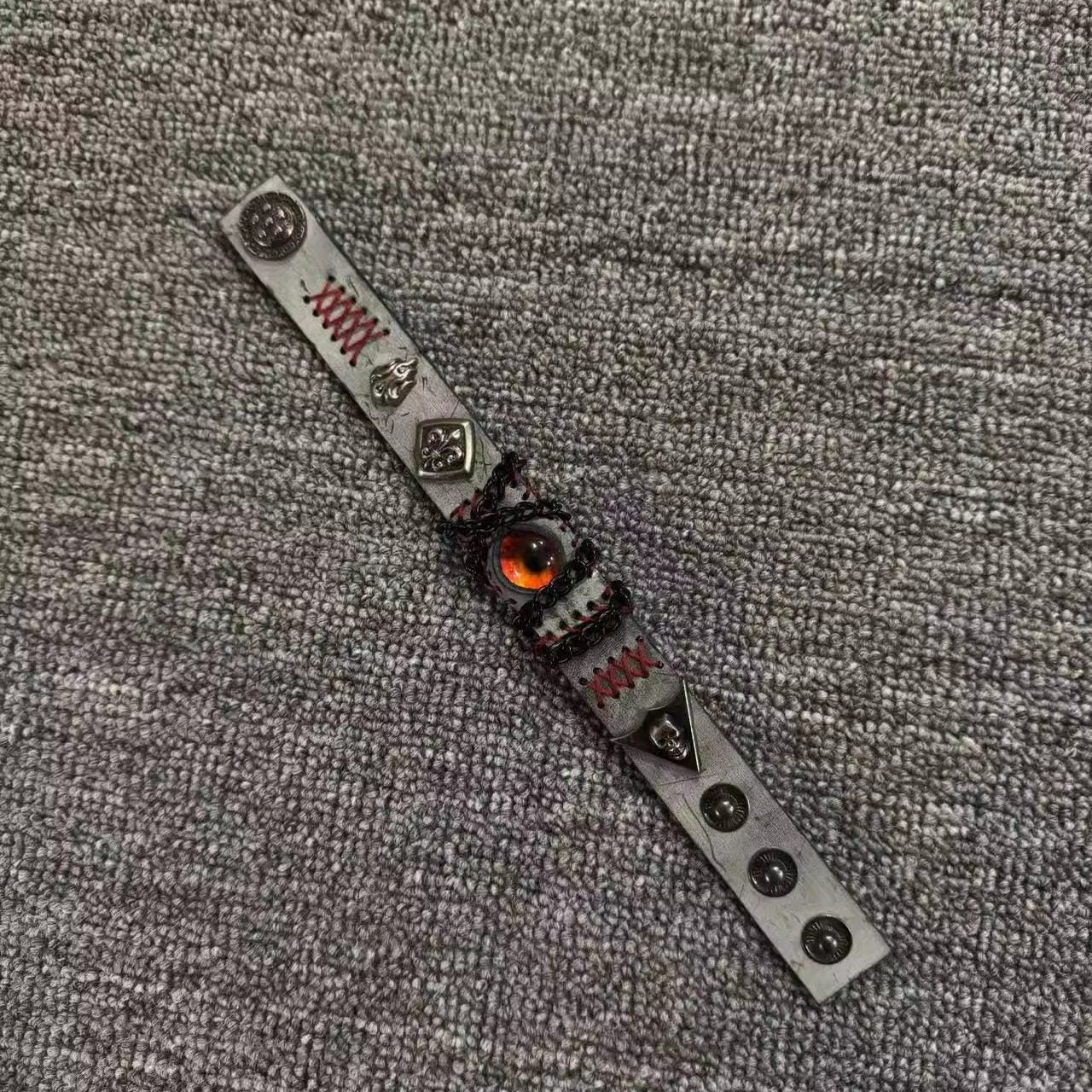 Grunge Concrete Grey Leather Stitched Bracelet - Red Dragon Eye Cuff - Punk Wristband