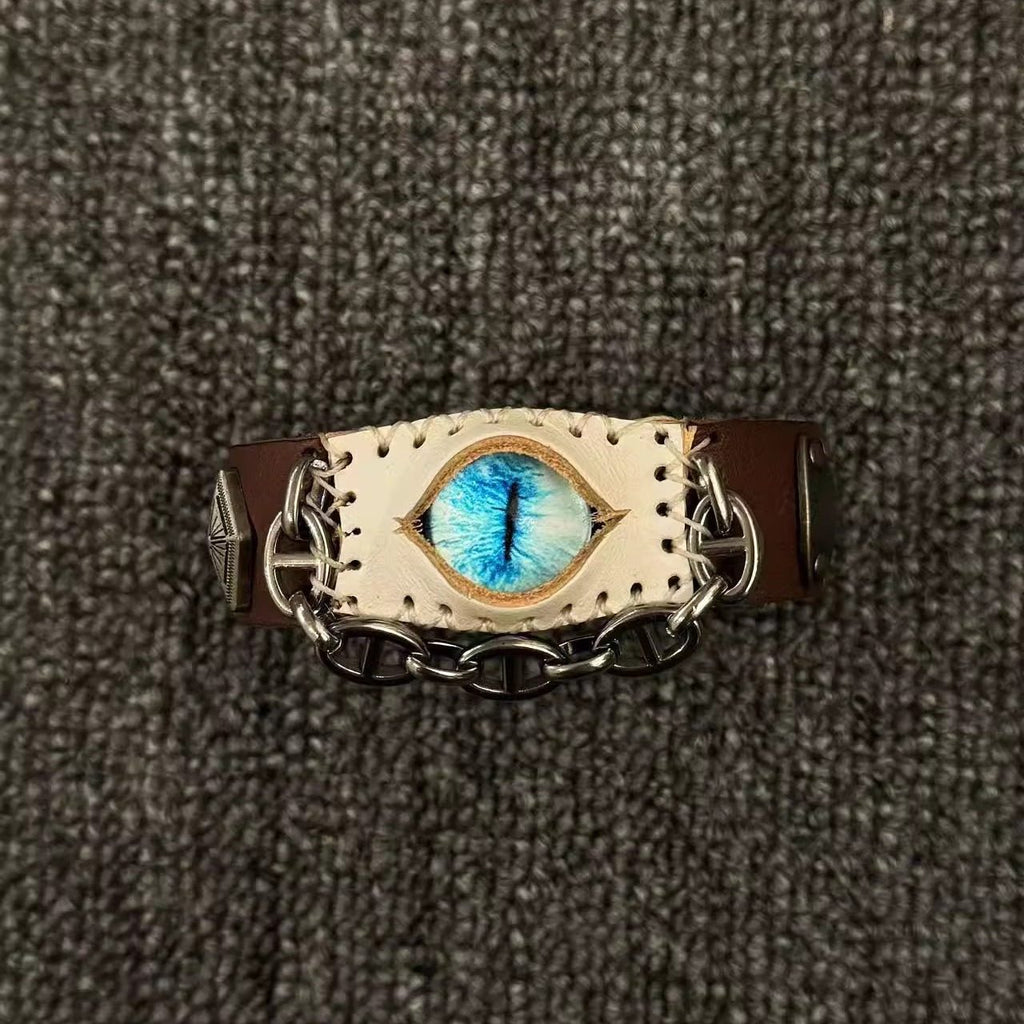 Desert Tan Suede Dragon Eye Bracelet - Spiked Chain Cuff - Yellow Reptile Eye Wristband - Wasteland Aesthetic