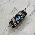 Gothic Black Leather Blue Dragon Eye Bracelet - Spiked Chain Cuff - Electric Blue Pupil Wristband - Cyberpunk Aesthetic