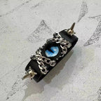 Gothic Black Leather Blue Dragon Eye Bracelet - Spiked Chain Cuff - Electric Blue Pupil Wristband - Cyberpunk Aesthetic