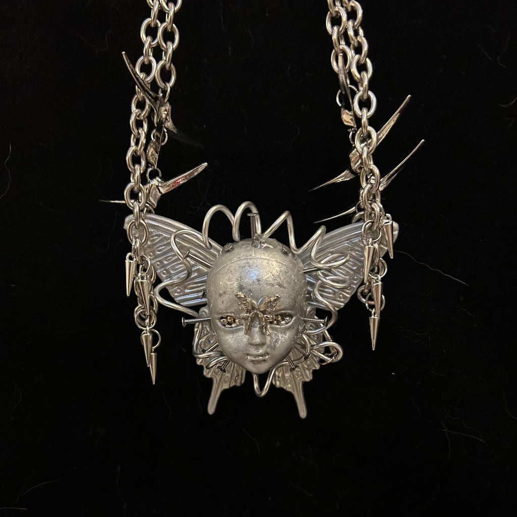 Cyberpunk Silver Metallic Butterfly Doll Face Necklace - Wire Wrapped & Spiked Chains