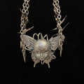 Cyberpunk Silver Metallic Butterfly Doll Face Necklace - Wire Wrapped & Spiked Chains