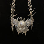 Cyberpunk Silver Metallic Butterfly Doll Face Necklace - Wire Wrapped & Spiked Chains