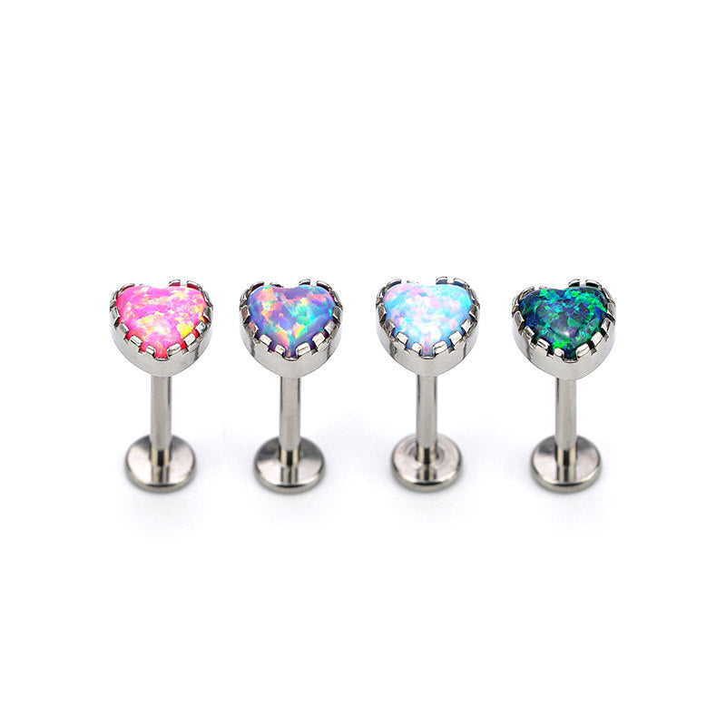 ASTM F136 Titanium Heart Opal Labret Stud - Internally Threaded Cartilage & Lip Piercing