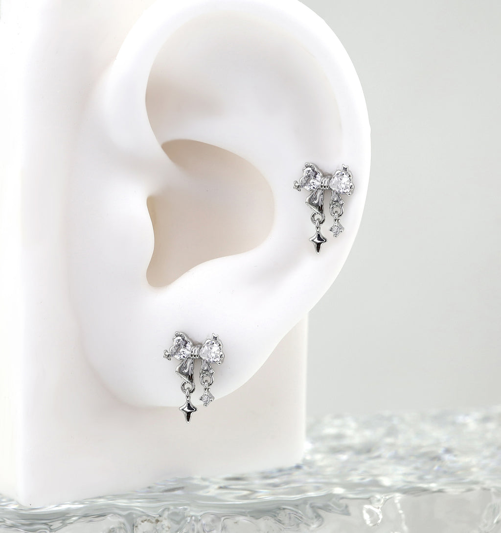 Pair Of Dainty Silver Bow Dangle Stud - Fairycore Cartilage & Helix Earring