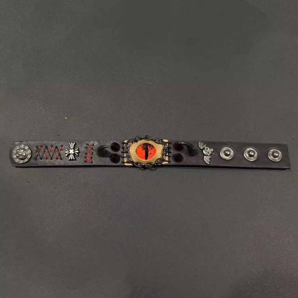 Gothic Dragon Eye Leather Bracelet - Spiked Punk Wristband - Realistic Demon Eyeball Cuff