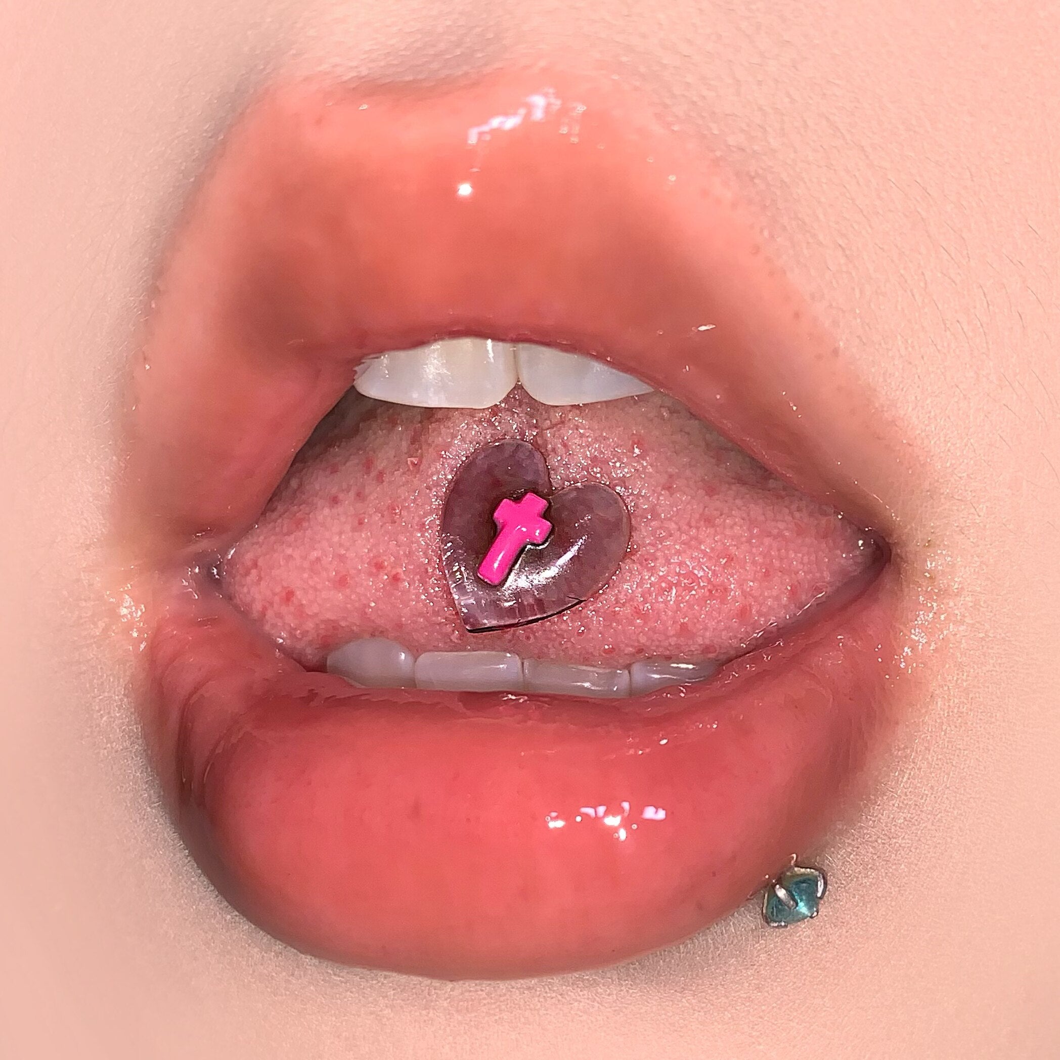 Red Heart Cross Tongue Barbell - Sweet & Edgy Style