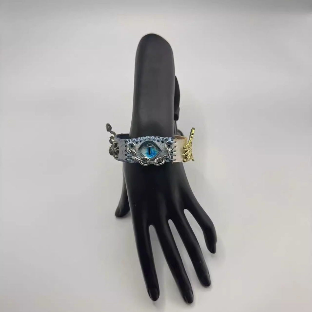 Gothic Mystic Eye Leather Bracelet - Dragon, Snake & Moth Series - Spiked Fantasy Wristband Cuff