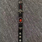 Gothic Black Leather Stitched Bracelet - Red Dragon Eye Cuff with Skull & Cross - Dark Punk Rock Wristband