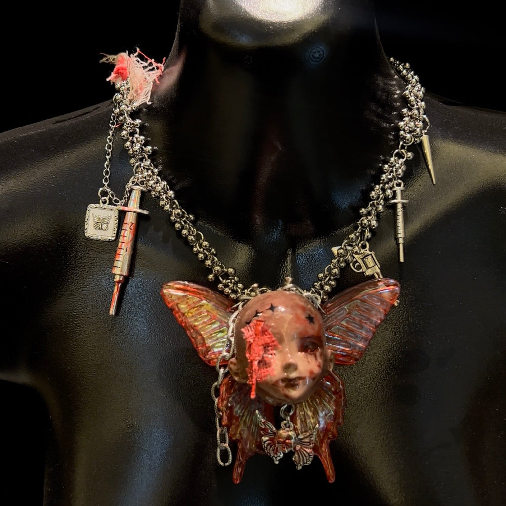 Menhera Bloody Injured Doll Face Necklace with Syringe & Revolver Charms - Red Butterfly Wings