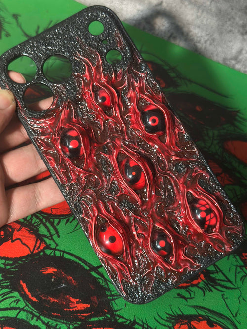 Uchiha Nightmare: Handmade Red Flesh Case with Multiple Sharingan Eyes (3D Texture) - Crux Jewelry product image 2