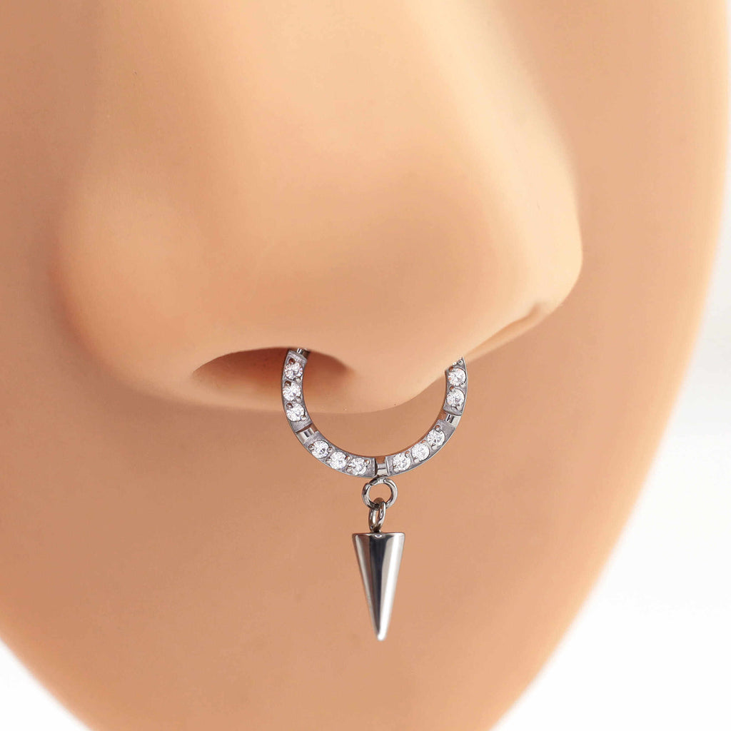 ASTM F136 Titanium CZ Teardrop Spike Septum Clicker - Hinged Dangle Daith Hoop