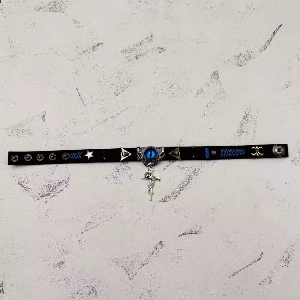 2-in-1 Gothic Black Leather Choker & Wrap Bracelet - Blue Dragon Eye Necklace - Silver Gun & Rose Charm - Punk Rock Jewelry