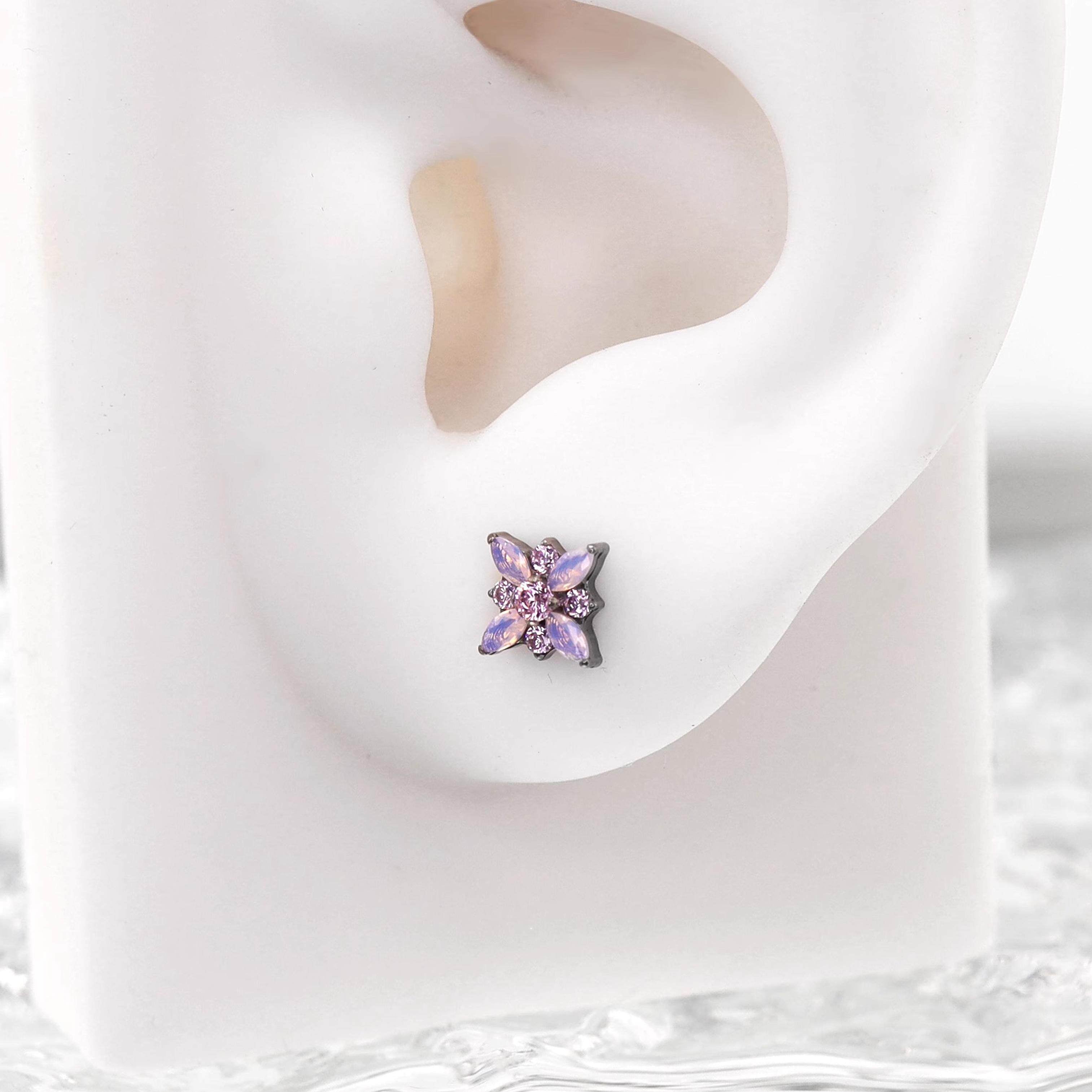 Dainty Pink & Blue Floral Opal Stud - Sweet Implant Grade Titanium Ear & Lip Piercing
