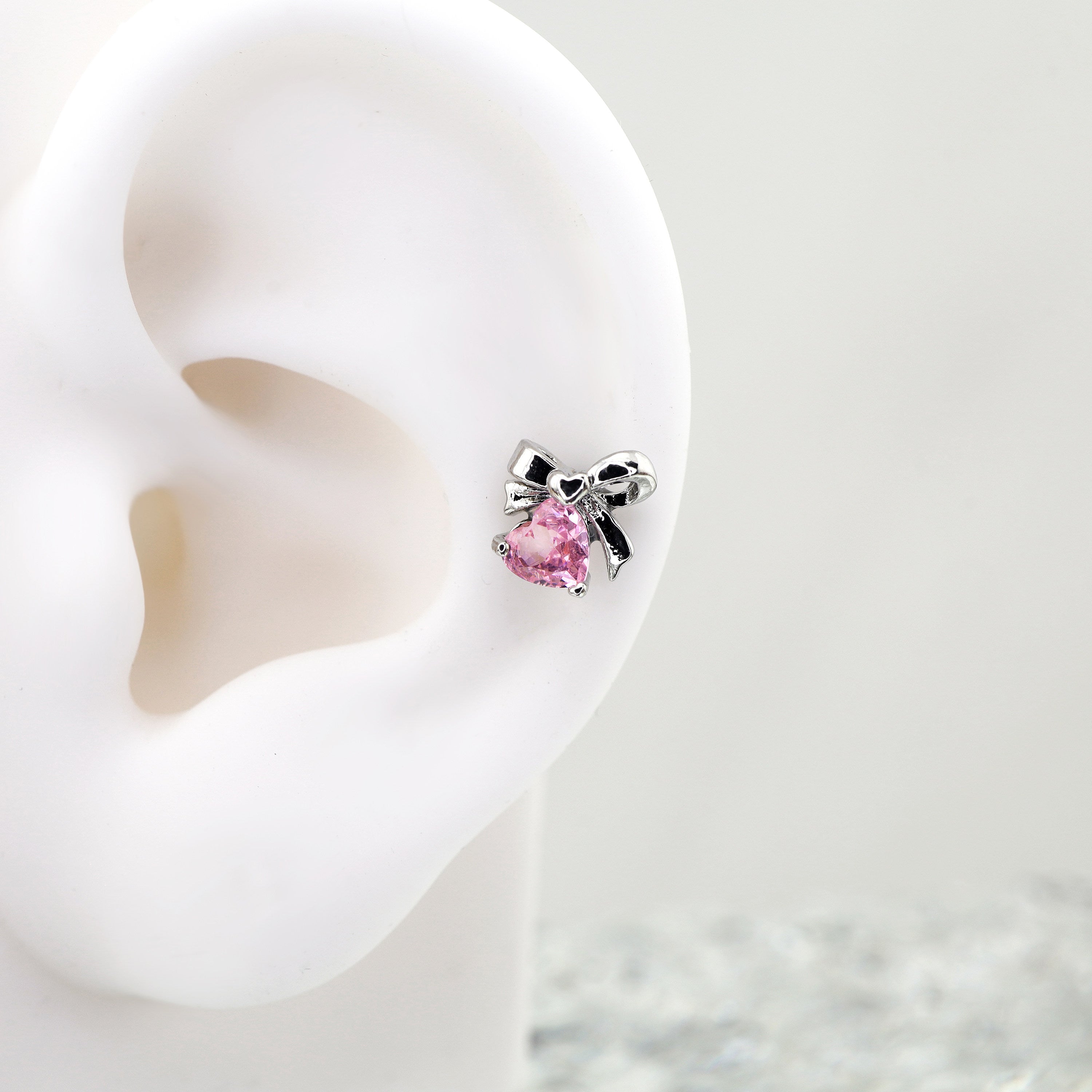 Pair of Internally Threaded Titanium Heart Bow Labrets | Cute Pink CZ Flat Back Studs for Helix & Lip