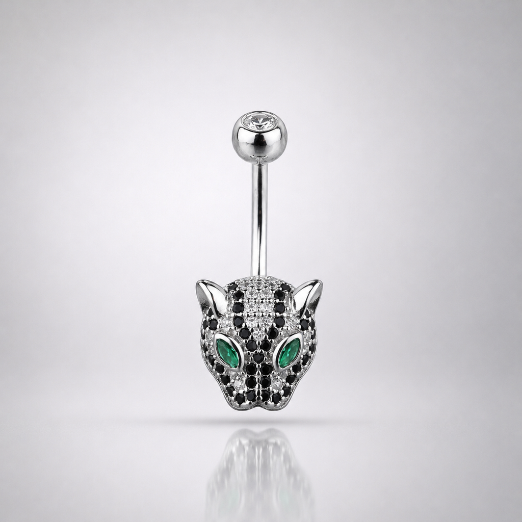 Anneau de nombril en argent sterling S925 avec tête de léopard et zirconiums cubiques 