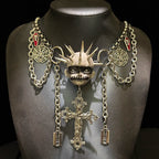 Black Metal "Corpse Paint" Spiked Doll Face Necklace - Ornate Cross & Razor Blade Charms