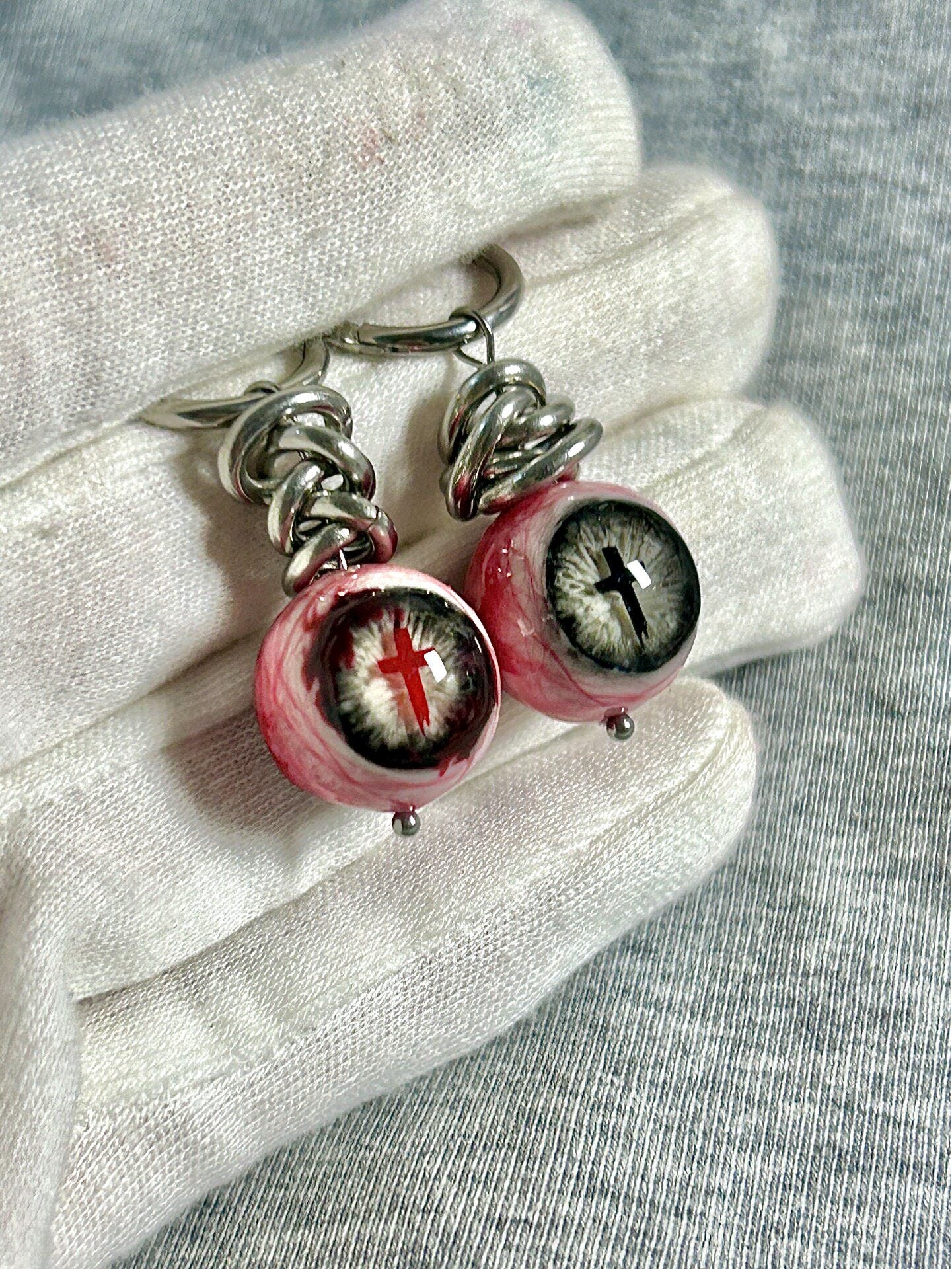 Sacred Torment | Heavy Chain Bloodshot Cross Eyeball Earrings
