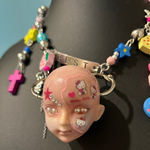 Y2K Decora Pink Doll Face Necklace with Smiley Star, Strawberry & Razor Blade Charms - Crux Jewelry product image 2