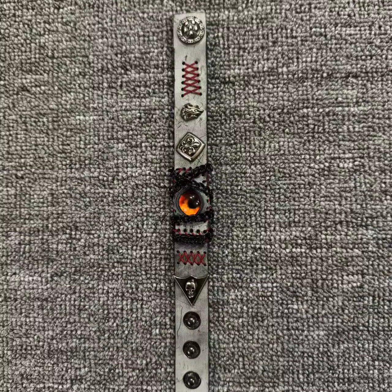 Grunge Concrete Grey Leather Stitched Bracelet - Red Dragon Eye Cuff - Punk Wristband