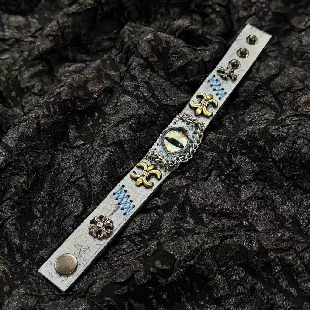 Ancient Grey Leather Dragon Eye Bracelet - Blue Runic Pattern Cuff - Nordic Viking Style Wristband - Vintage Brass Studs