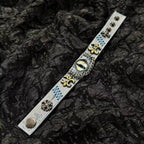 Ancient Grey Leather Dragon Eye Bracelet - Blue Runic Pattern Cuff - Nordic Viking Style Wristband - Vintage Brass Studs