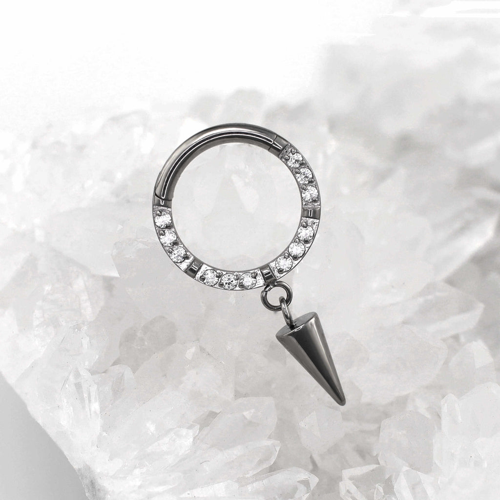 ASTM F136 Titanium CZ Teardrop Spike Septum Clicker - Hinged Dangle Daith Hoop