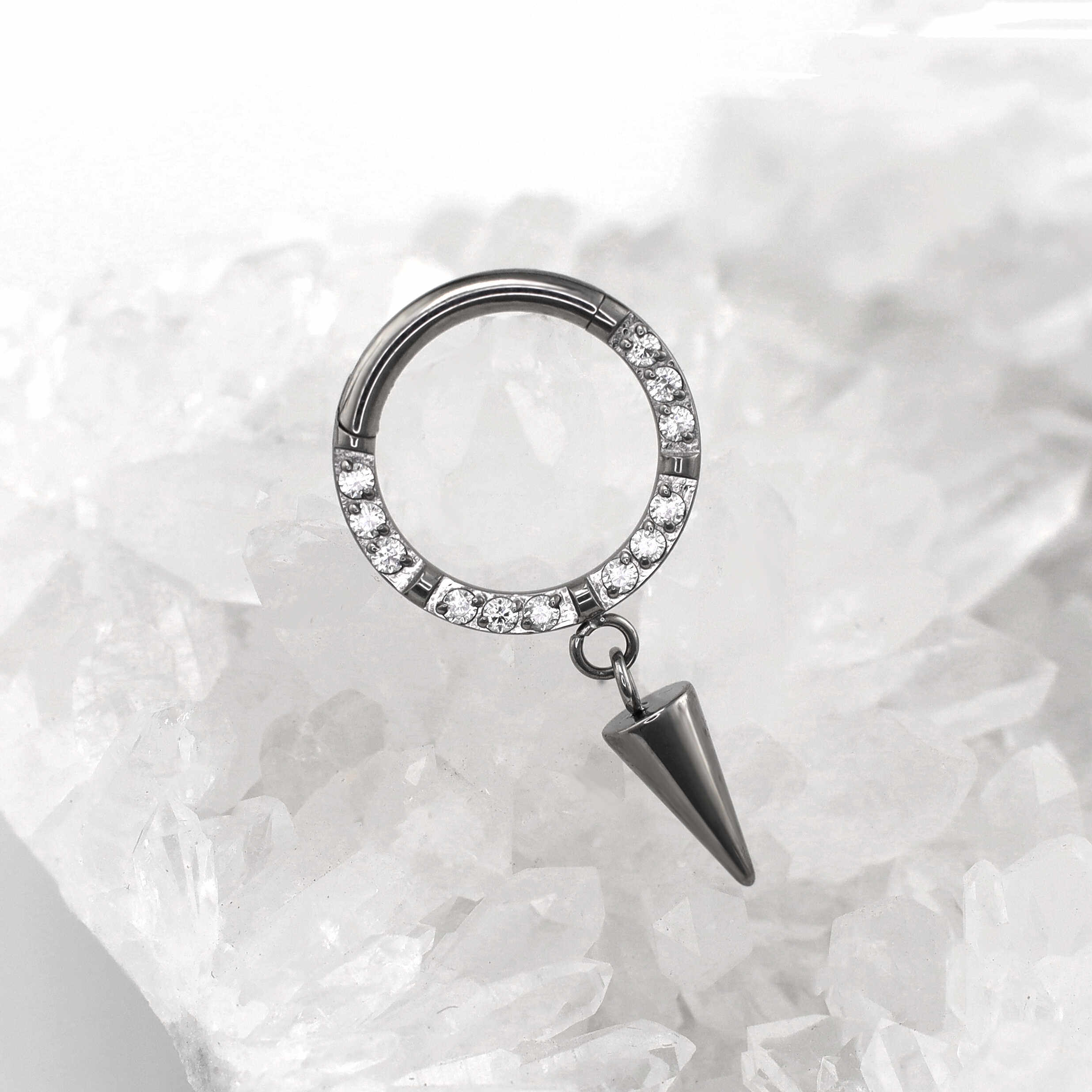 ASTM F136 Titanium CZ Teardrop Spike Septum Clicker - Hinged Dangle Daith Hoop
