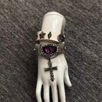 2-in-1 Gothic White Leather Choker & Wrap Bracelet - Purple Dragon Eye Cross Necklace - Convertible Punk Jewelry