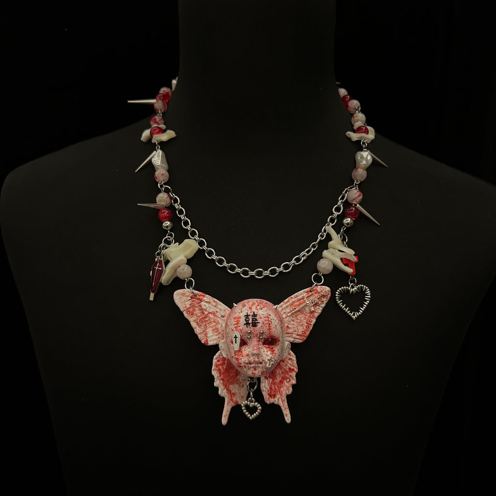Bloody "Ghost Bride" Butterfly Doll Face Necklace - Double Happiness Symbol & Coffin Charm